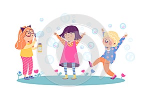 Group of joyful children blowing soap bubbles flat vector illustration isolated.