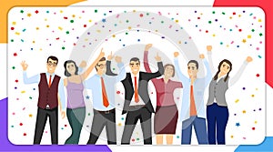 Group of joyful people, people celebrating victory on a white background with colored confetti. Vector illustration.