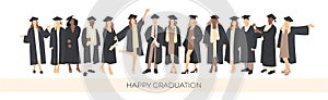 Group of joyful students, happy graduation. Poster, set. Vector