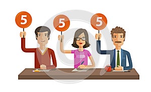 Group of judges jury. People hold up scorecards. Competition, quiz, exam concept. Vector flat illustration