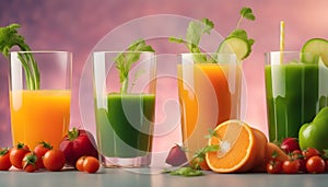 Group of juices with colorful fruits