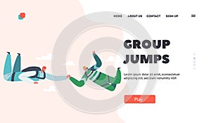 Group Jumps Landing Page Template. Parachute Jumping Extreme Activities, Skydiver Recreation. Parachutist Holding Hands