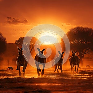 A group of kangaroos hopping across an arid Australian desert, silhouetted against a setting sun by AI generated