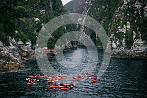 Group kayaking in river canyon in Knysna, South Africa photo