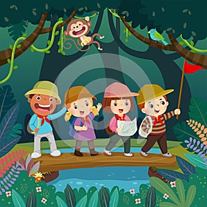 Group of kids with backpacks walking on log bridge across the stream in the jungle. Kids summer camp concept