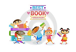 Group Of Kids With Books Reading Cute Children Happy Smiling