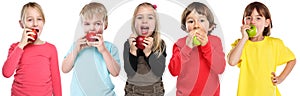 Group of kids children eating apple fruit autumn fall healthy isolated on white