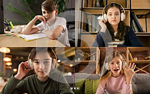 Group of kids, class studying by group video call, use video conference with each other