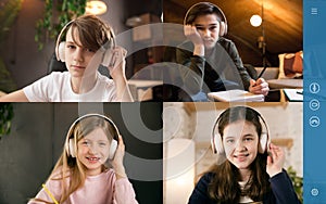 Group of kids, class studying by group video call, use video conference with each other
