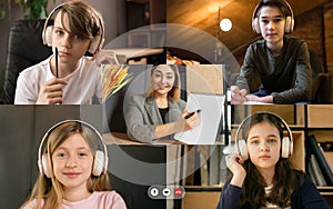 Group of kids, class studying by group video call, use video conference with each other and teacher