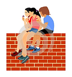 Group of kids eating ice cream vector illustration. Friends enjoying in summer time.