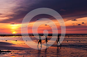 Group of kids explore the beach at the sunset time