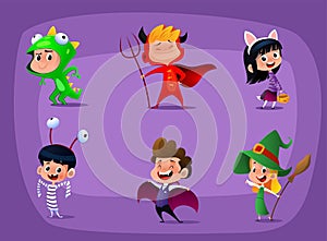 Group of kids in Halloween costume. Cartoon vector
