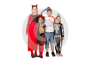 Group of kids in Halloween costumes