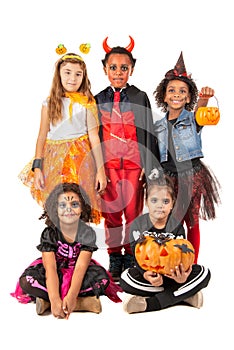 Group of kids in Halloween costumes