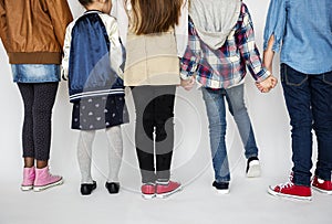 Group of Kids Holding Hands Behind Rear View on White Blackground