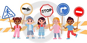 Group of kids holding stop road signs, caution for drivers. Boy and girl with traffic symbols. Children street safety