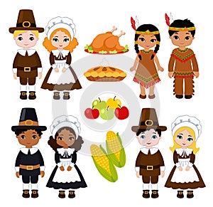 A group of kids - Indians and Pilgrims - sharing food for Thanksgiving photo