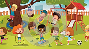 Group of kids playing game on a public park or school playground with with swings, slides, skate, ball, crayons, rope