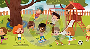 Group of kids playing game on a public park or school playground with with swings, slides, skate, ball, crayons, rope