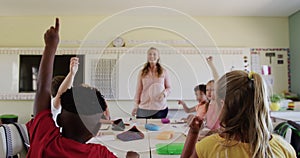 Group of kids raising their hands in the class