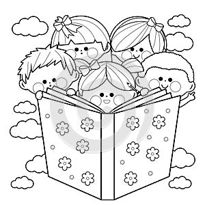 Group of children reading a book. Vector black and white coloring page.