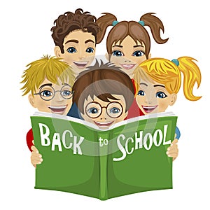 Group of kids reading green book with back to school text