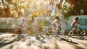 a group of kids riding bicycle on urban street, speeding and overtaking, summer activity