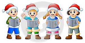 Group of kids in santa costume singing christmas carols