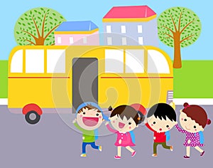 Group of kids and school bus
