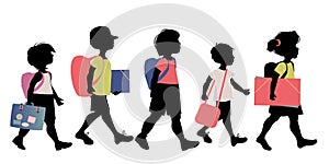 Group of kids silhouettes with backpacks, briefcases, folders and books, going to school