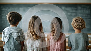 A group of kids stand in front of the chalkboard in a classroom setting.