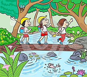 Group of kids trekking trail in forest vector illustration