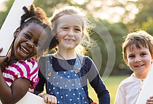 Group of kindergarten kids friends playing playground fun and sm