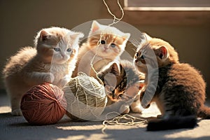 group of kittens, each with a ball of string, playing together in the sun