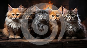 Group of kittens in front of a fireplace. Studio shot.