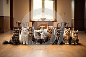 group of kittens sitting on a wooden floor and looking at the camera, A group of cats lined up with a bowl of food on the floor,