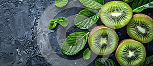 Group of Kiwis With Leaves on Black Surface