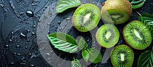 Group of Kiwis With Leaves and Water Droplets