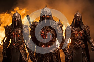 Group of Knights Standing in Front of a Fire, Witness the Warriors of Ember, masked warriors in fiery armor, each wielding a