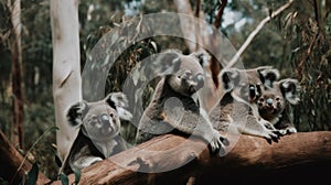 A group of koalas sitting on a tree branch. Generative AI image.