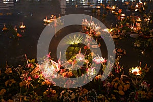 Group of Krathongs in canal at Loy Krathong festival in thailand