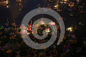 Group of Krathongs in canal at Loy Krathong festival in thailand