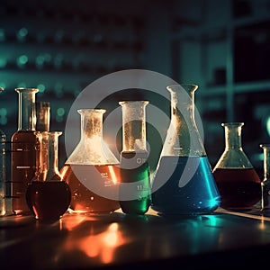 Group of laboratory flasks with colored liquid inside