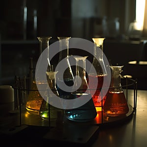 Group of laboratory flasks with colored liquid inside