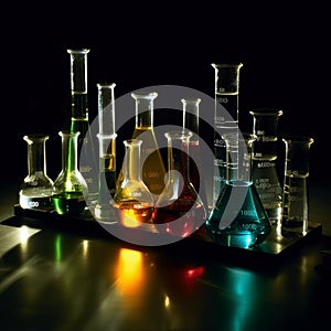 Group of laboratory flasks with colored liquid inside