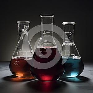 Group of laboratory flasks with colored liquid inside