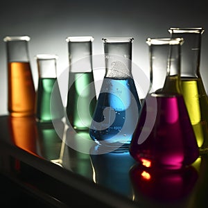 Group of laboratory flasks with colored liquid inside