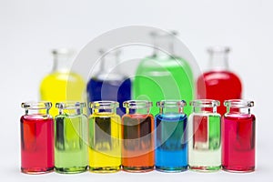 Group of laboratory flasks containing liquid color