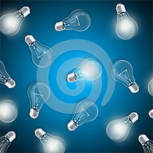 Group of lamp bulbs on blue background with glowing bulbs. Concept innovation ideas, 3d rendering